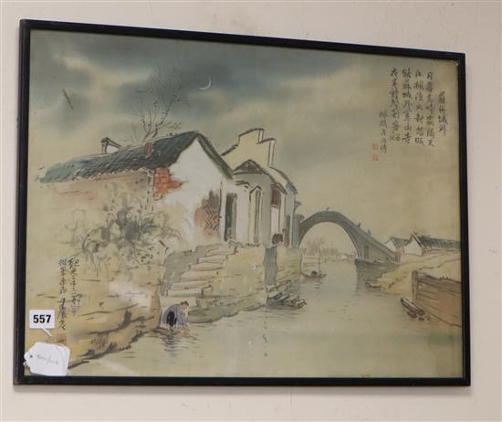 Japanese School, watercolour, Waterside houses, inscribed, 42 x 58cm